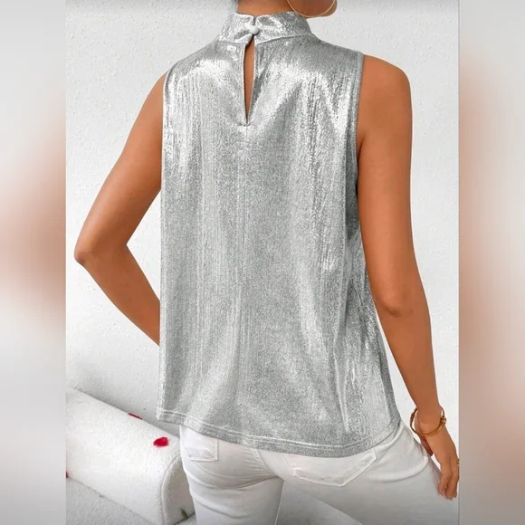 LUNE Metal-Tone Stand Collar Ruched Tank Top - Picture 2 of 6